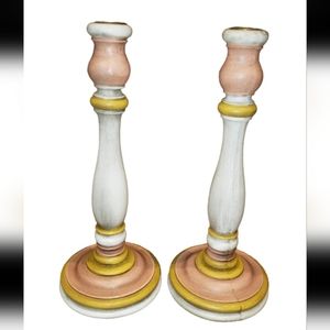 Ethan Allen Wood Candlesticks Pair x2 Hand Painted Pink White Gold Vintage